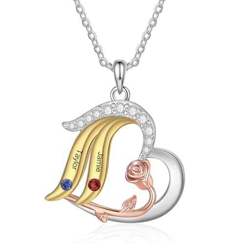 ALBERTBAND Personalisierte Damen Halskette mit Name Geburtsstein Herz-Anhänger Versilberte Kette Geschenk für Muttertag Geburtstag Valentinstag Weihnachten (2 name) von ALBERTBAND