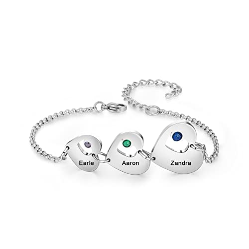 ALBERTBAND Personalisierte Herz Armband für Frauen Silber Anhänger mit Gravur 3 Namen und Geburtssteine Verstellbar Mutter Tochter Armbänder Schmuck Geschenk zum Muttertag Geburtstag Weihnachten (#2) von ALBERTBAND