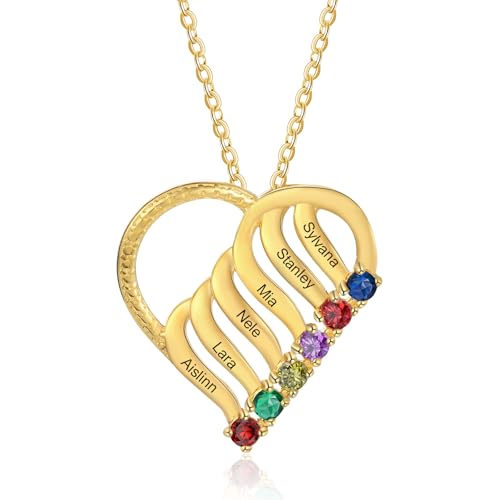 ALBERTBAND Personalisierte Kette Damen mit 2/3/4/5/6 Namen Geburtssteine Mutter Tochter Herz Halskette Geschenke für Frauen Mama Muttertag Weihnachten (Gold-6 steine) von ALBERTBAND