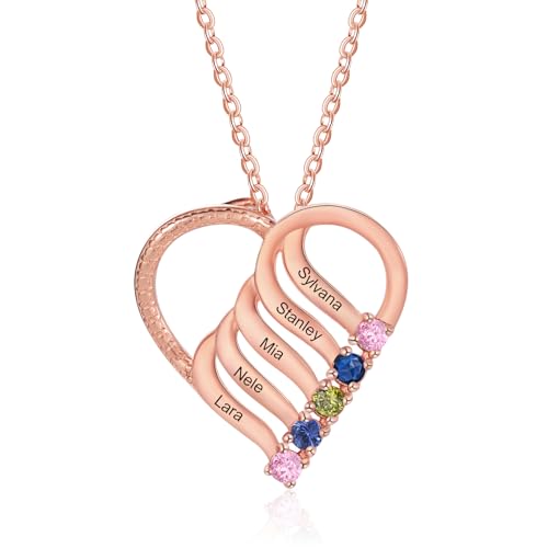 ALBERTBAND Personalisierte Kette Damen mit 2/3/4/5/6 Namen Geburtssteine Mutter Tochter Herz Halskette Geschenke für Frauen Mama Muttertag Weihnachten (Rose-5 steine) von ALBERTBAND
