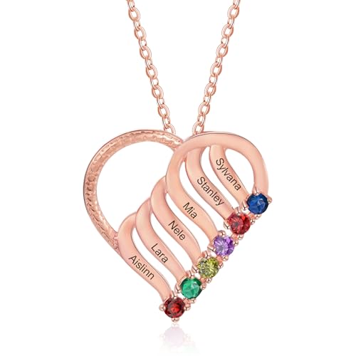 ALBERTBAND Personalisierte Kette Damen mit 2/3/4/5/6 Namen Geburtssteine Mutter Tochter Herz Halskette Geschenke für Frauen Mama Muttertag Weihnachten (Rose-6 steine) von ALBERTBAND