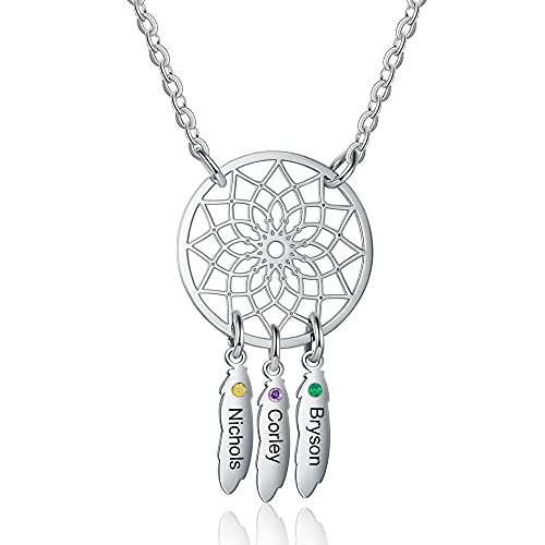 ALBERTBAND Personalisierte Namenshalskette Anhänger Dream Catcher Chain Choker Gravur 1-7 Namen für Frauen Dream Catcher Halskette mit Geburtssteinen (3 names) von ALBERTBAND