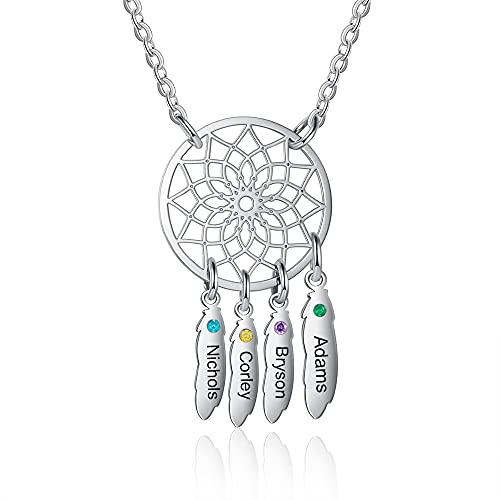 ALBERTBAND Personalisierte Namenshalskette Anhänger Dream Catcher Chain Choker Gravur 1-7 Namen für Frauen Dream Catcher Halskette mit Geburtssteinen (4 names) von ALBERTBAND
