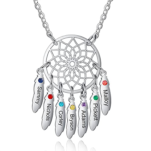 ALBERTBAND Personalisierte Namenshalskette Anhänger Dream Catcher Chain Choker Gravur 1-7 Namen für Frauen Dream Catcher Halskette mit Geburtssteinen (7 names) von ALBERTBAND