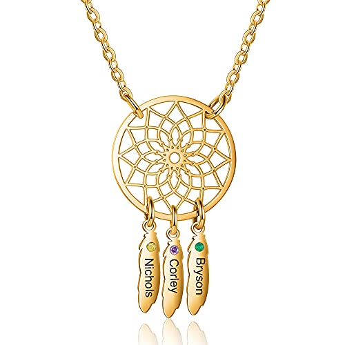 ALBERTBAND Personalisierte Namenshalskette Anhänger Dream Catcher Chain Choker Gravur 1-7 Namen für Frauen Dream Catcher Halskette mit Geburtssteinen (gold-3 names) von ALBERTBAND