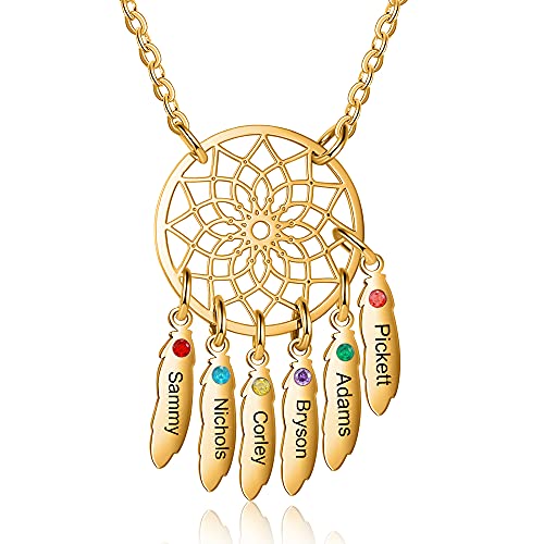 ALBERTBAND Personalisierte Namenshalskette Anhänger Dream Catcher Chain Choker Gravur 1-7 Namen für Frauen Dream Catcher Halskette mit Geburtssteinen (gold-6 names) von ALBERTBAND