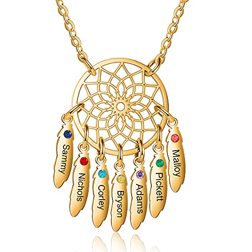ALBERTBAND Personalisierte Namenshalskette Anhänger Dream Catcher Chain Choker Gravur 1-7 Namen für Frauen Dream Catcher Halskette mit Geburtssteinen (gold-7 names) von ALBERTBAND