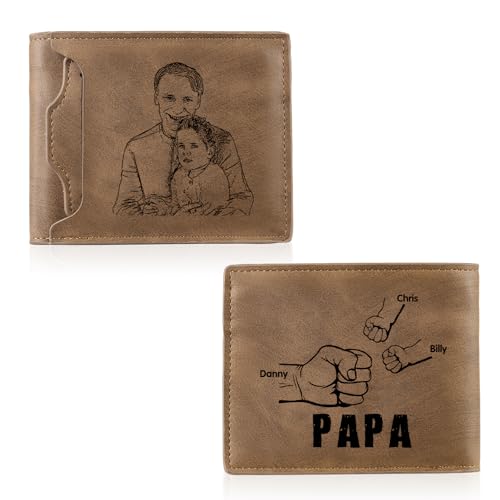 ALBERTBAND Personalisierte Papa Geldbörsen Leder Foto Namen Brieftasche Braunes Portemonnaie für Männer Geschenke für Männer Vatertag Weihnachten (b-3 Name) von ALBERTBAND