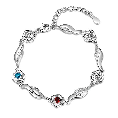 ALBERTBAND Personalisiertes Rosen Blumen Armband mit 1-6 Namen und Simulierten Geburtssteinen Silberne verstellbare Charms Armbänder für Frauen Frau Mädchen Valentinstag Weihnachten (2 names) von ALBERTBAND