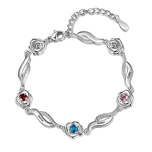 ALBERTBAND Personalisiertes Rosen Blumen Armband mit 1-6 Namen und Simulierten Geburtssteinen Silberne verstellbare Charms Armbänder für Frauen Frau Mädchen Valentinstag Weihnachten (3 names) von ALBERTBAND