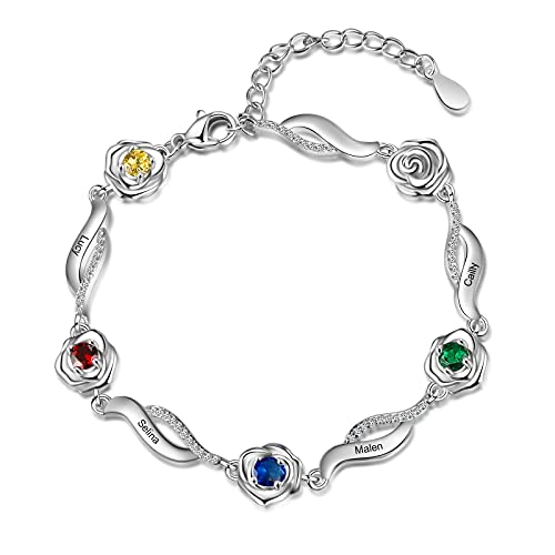 ALBERTBAND Personalisiertes Rosen Blumen Armband mit 1-6 Namen und Simulierten Geburtssteinen Silberne verstellbare Charms Armbänder für Frauen Frau Mädchen Valentinstag Weihnachten (4 names) von ALBERTBAND