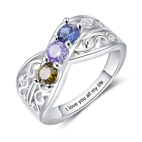 ALBERTBAND Ringe für Frauen Personalisierter Ring mit 2-5 simulierten Geburtssteinen Silber Verlobungsringe Gravur Damen Mutter Großmutter Geschenk zum Muttertag (3 Steine, 60 (19.1)) von ALBERTBAND