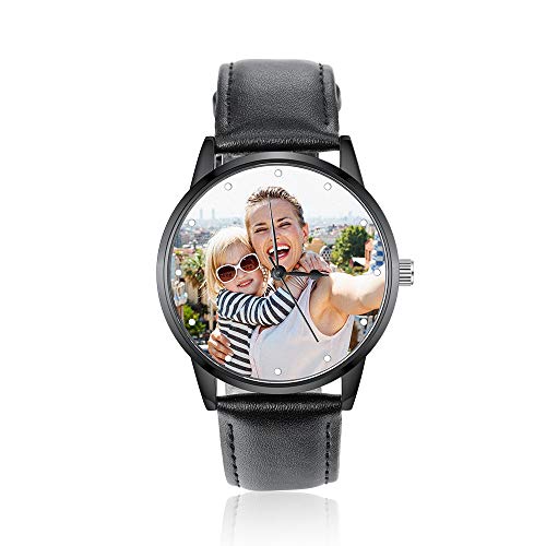 ALBERTBAND Uhr Damen Personalisierte Foto Uhren Lederband Uhren Frauen Männer Armbanduhr für Vatertag Mütter Geschenk (schwarz leder-43mm) von ALBERTBAND