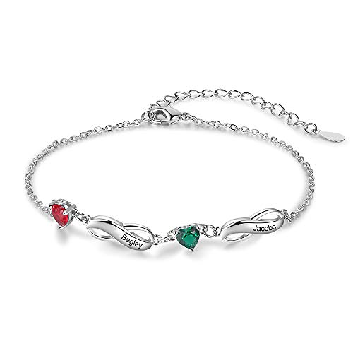 ALBERTBAND Armbänder Personalisiertes Silber Infinity Armband mit 1-7 Namen und Charms Simulierte Geburtssteine Verstellbare Armbänder für Frauen Mädchen (2 names) von ALBERTBAND