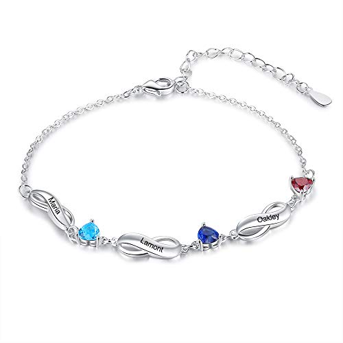 ALBERTBAND Armbänder Personalisiertes Silber Infinity Armband mit 1-7 Namen und Charms Simulierte Geburtssteine Verstellbare Armbänder für Frauen Mädchen (3 names) von ALBERTBAND