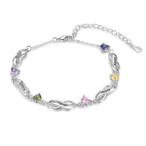 ALBERTBAND Armbänder Personalisiertes Silber Infinity Armband mit 1-7 Namen und Charms Simulierte Geburtssteine Verstellbare Armbänder für Frauen Mädchen (5 names) von ALBERTBAND