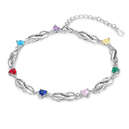 ALBERTBAND Armbänder Personalisiertes Silber Infinity Armband mit 1-7 Namen und Charms Simulierte Geburtssteine Verstellbare Armbänder für Frauen Mädchen (7 names) von ALBERTBAND