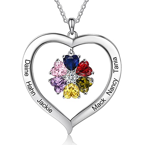 ALBERTBAND Personalisierte 1-8 Geburtssteine Halskette Silber 925 Halskette Damen Herz Anhänger mit Namensgravur Mutter Tochter Kette Geschenk zum Muttertag Valentinstag Weihnachten (6 names) von ALBERTBAND