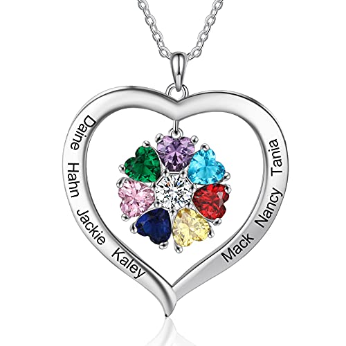 ALBERTBAND Personalisierte 1-8 Geburtssteine Halskette Silber 925 Halskette Damen Herz Anhänger mit Namensgravur Mutter Tochter Kette Geschenk zum Muttertag Valentinstag Weihnachten (7 names) von ALBERTBAND