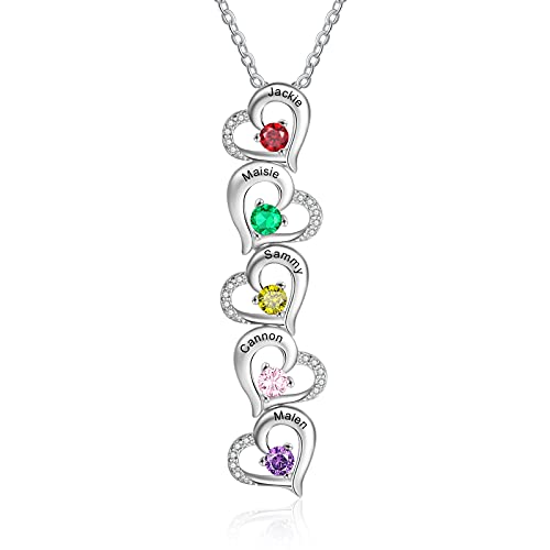 ALBERTBAND Personalisierte Mutter Name Herz Halskette 2/3/4/5 Simulierte Birthstones 925 Sterling Silber Mutter Kind Halskette für Ehefrau Mutter (#5Herz) von ALBERTBAND