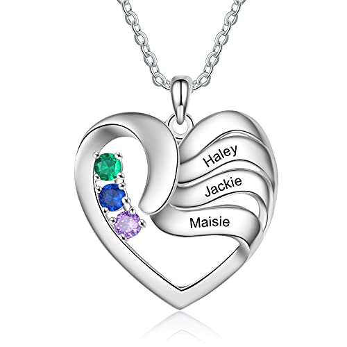 ALBERTBAND Personalisierte Mutter Name Herz Halskette 2/3/4/5 Simulierte Birthstones 925 Sterling Silber Mutter Kind Halskette für Ehefrau Mutter (3 Steine) von ALBERTBAND