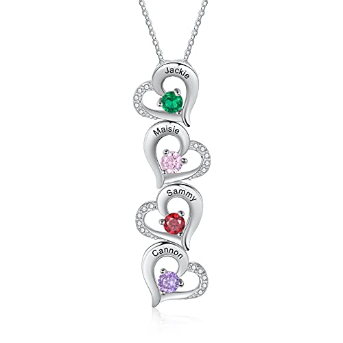ALBERTBAND Personalisierte Mutter Name Herz Halskette 2/3/4/5 Simulierte Birthstones 925 Sterling Silber Mutter Kind Halskette für Ehefrau Mutter (4 Herz) von ALBERTBAND