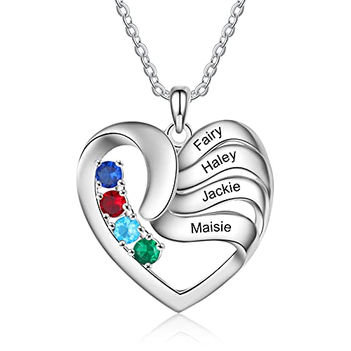 ALBERTBAND Personalisierte Mutter Name Herz Halskette 2/3/4/5 Simulierte Birthstones 925 Sterling Silber Mutter Kind Halskette für Ehefrau Mutter (4 Steine) von ALBERTBAND