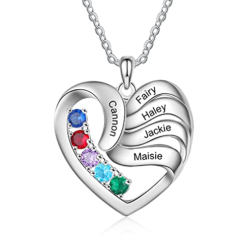 ALBERTBAND Personalisierte Mutter Name Herz Halskette 2/3/4/5 Simulierte Birthstones 925 Sterling Silber Mutter Kind Halskette für Ehefrau Mutter (5 Steine) von ALBERTBAND