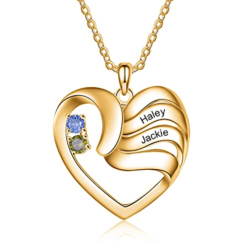 ALBERTBAND Personalisierte Mutter Name Herz Halskette 2/3/4/5 Simulierte Birthstones 925 Sterling Silber Mutter Kind Halskette für Ehefrau Mutter (Gold-2steine) von ALBERTBAND