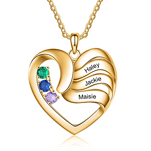 ALBERTBAND Personalisierte Mutter Name Herz Halskette 2/3/4/5 Simulierte Birthstones 925 Sterling Silber Mutter Kind Halskette für Ehefrau Mutter (Gold-3steine) von ALBERTBAND