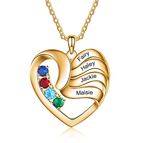 ALBERTBAND Personalisierte Mutter Name Herz Halskette 2/3/4/5 Simulierte Birthstones 925 Sterling Silber Mutter Kind Halskette für Ehefrau Mutter (Gold-4steine) von ALBERTBAND