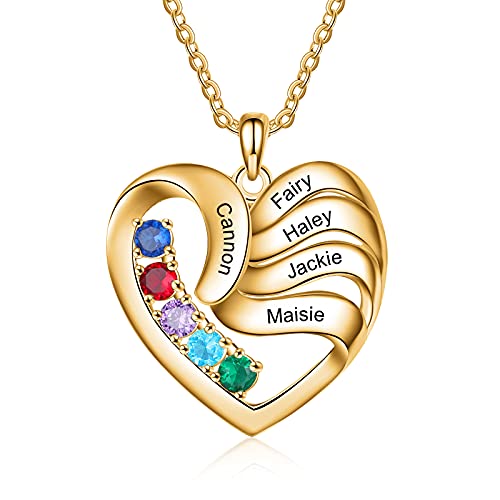 ALBERTBAND Personalisierte Mutter Name Herz Halskette 2/3/4/5 Simulierte Birthstones 925 Sterling Silber Mutter Kind Halskette für Ehefrau Mutter (Gold-5steine) von ALBERTBAND