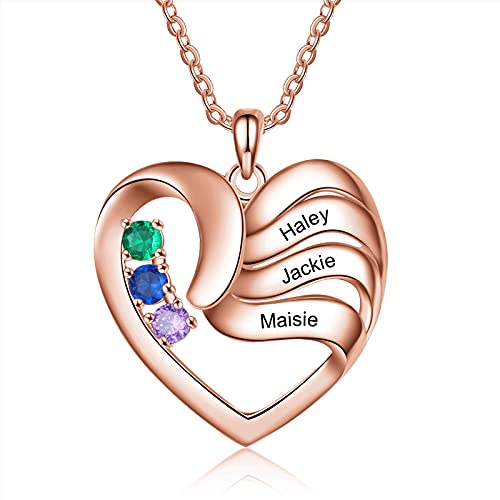 ALBERTBAND Personalisierte Mutter Name Herz Halskette 2/3/4/5 Simulierte Birthstones 925 Sterling Silber Mutter Kind Halskette für Ehefrau Mutter (Roségold-3steine) von ALBERTBAND