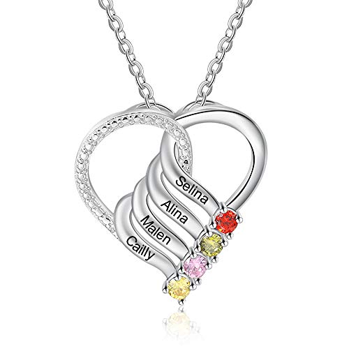 ALBERTBAND Personalisierte Mutter Tochter Herz Halskette 2/3/4/5/6 Simulierte Geburtssteine 925 Sterling Silber Mutter Kind Anhänger Ehefrau Muttertag Weihnachtsschmuck (4 steine) von ALBERTBAND