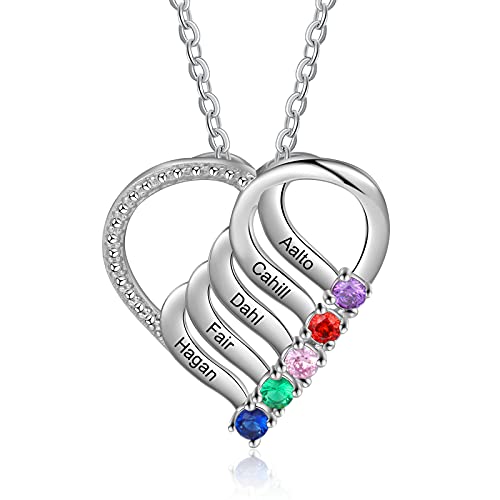 ALBERTBAND Personalisierte Mutter Tochter Herz Halskette 2/3/4/5/6 Simulierte Geburtssteine 925 Sterling Silber Mutter Kind Anhänger Ehefrau Muttertag Weihnachtsschmuck (5 steine) von ALBERTBAND