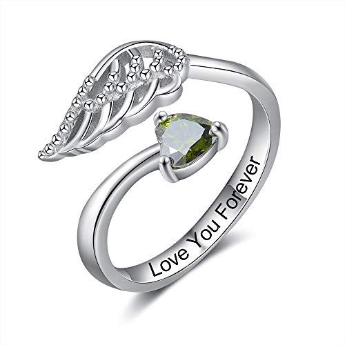 ALBERTBAND Personalisierte Ring Damen Twist Silber Ring Gravur Damen mit 1 Simulierte Birthstone Damen Ring mit Flügel für Mutter Tochter Geschenk fur Freundschaftsringe (Silber) von ALBERTBAND