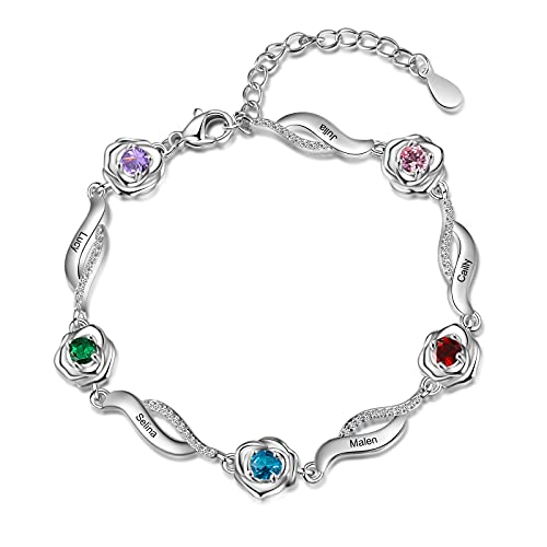 ALBERTBAND Personalisiertes Rosen Blumen Armband mit 1-6 Namen und Simulierten Geburtssteinen Silberne verstellbare Charms Armbänder für Frauen Frau Mädchen Valentinstag Weihnachten (5 names) von ALBERTBAND