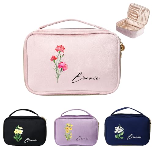 Kosmetiktasche für Frauen Personalisierte Große Schminktasche Mit Namens Geburtstagsblumen Gravur Kosmetikkoffer Reißverschluss Waschtasche (Samt-Rosa) von ALBERTBAND