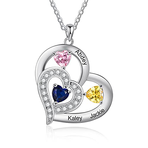 Personalisierte Damen Halskette 925 Sterlingsilber Herz Anhänger mit Name Geburtsstein Geschenk für Muttertag Weihnachten Valentinstag (B-3 stone) von ALBERTBAND