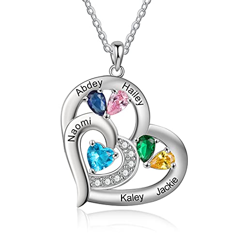 Personalisierte Damen Halskette 925 Sterlingsilber Herz Anhänger mit Name Geburtsstein Geschenk für Muttertag Weihnachten Valentinstag (B-5 stone) von ALBERTBAND