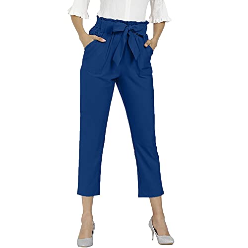 ALCRISP Damen 7/8 Paperbag Hose High Waist Bowknot Freizeithose mit Gürtel Sommer Elegant Einfarbig Gerade Slim Fit Business Casual Hosen, Hellblau, L von ALCRISP