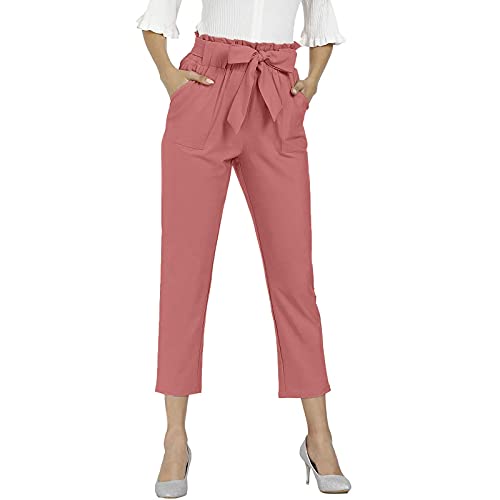ALCRISP Damen 7/8 Paperbag Hose High Waist Bowknot Freizeithose mit Gürtel Sommer Elegant Einfarbig Gerade Slim Fit Business Casual Hosen von ALCRISP