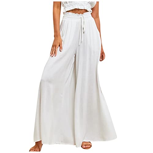 ALCRISP Hose Damen Sommer High Waist Plissee Palazzo Hose mit Gummizug Weites Bein Chiffon Freizeithose Elegante Einfarbig Marlenehose für Frauen, Weiß, S von ALCRISP