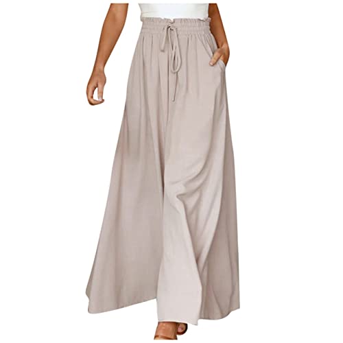 ALCRISP Hose Damen Sommer High Waist Plissee Palazzo Hose mit Gummizug Weites Bein Chiffon Freizeithose Elegante Einfarbig Marlenehose für Frauen, Beige, L von ALCRISP