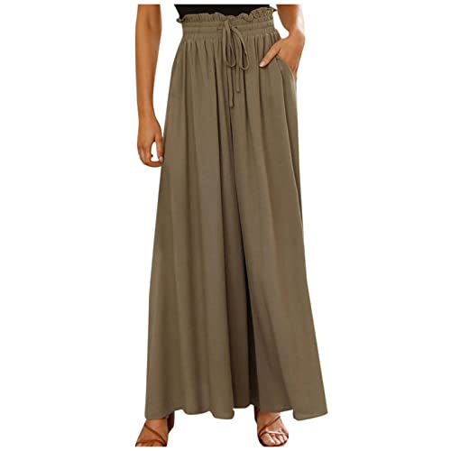 ALCRISP Hose Damen Sommer High Waist Plissee Palazzo Hose mit Gummizug Weites Bein Chiffon Freizeithose Elegante Einfarbig Marlenehose für Frauen, Grau, M von ALCRISP