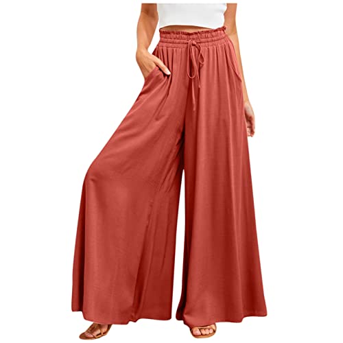 ALCRISP Hose Damen Sommer High Waist Plissee Palazzo Hose mit Gummizug Weites Bein Chiffon Freizeithose Elegante Einfarbig Marlenehose für Frauen, Orange, L von ALCRISP