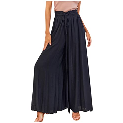 ALCRISP Hose Damen Sommer High Waist Plissee Palazzo mit Gummizug Weites Bein Chiffon Freizeithose Elegante Einfarbig Marlenehose für Frauen, Schwarz, L von ALCRISP