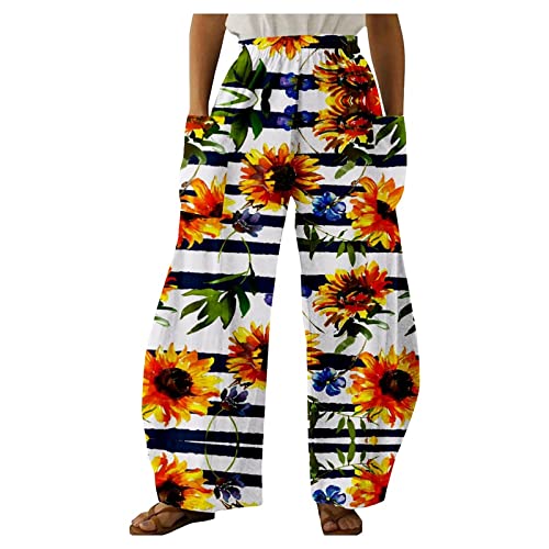 ALCRISP Hosen Damen Sommer Lang High Waist Weites Bein Freizeithose mit Gummizug Leicht Baggy Sommerhose Blumenmuster Druck Schlupfhose Bequeme Bequeme Palazzo Hose mit Taschen von ALCRISP