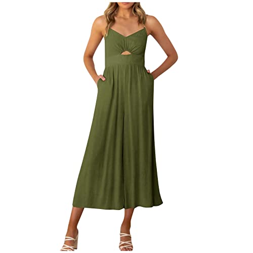 ALCRISP Jumpsuit Damen Sommer Lang Elegant Weites Bein Spaghettiträger V Ausschnitt Cut Out Jumpsuits mit Taschen Locker Boho Strand Breites Bein Overall Romper Hosenanzug für Frauen, Grün, XL von ALCRISP