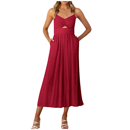 ALCRISP Jumpsuit Damen Sommer Lang Elegant Weites Bein Spaghettiträger V Ausschnitt Cut Out Jumpsuits mit Taschen Locker Boho Strand Breites Bein Overall Romper Hosenanzug für Frauen, Rot, S von ALCRISP